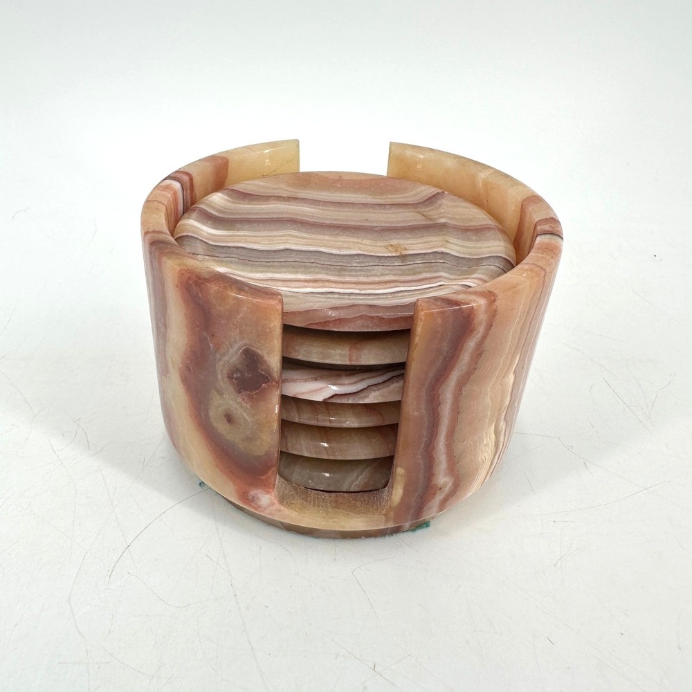 Vintage Natural Banded Onyx Marble Coaster Set with Holder 6 Piece Brown Tan